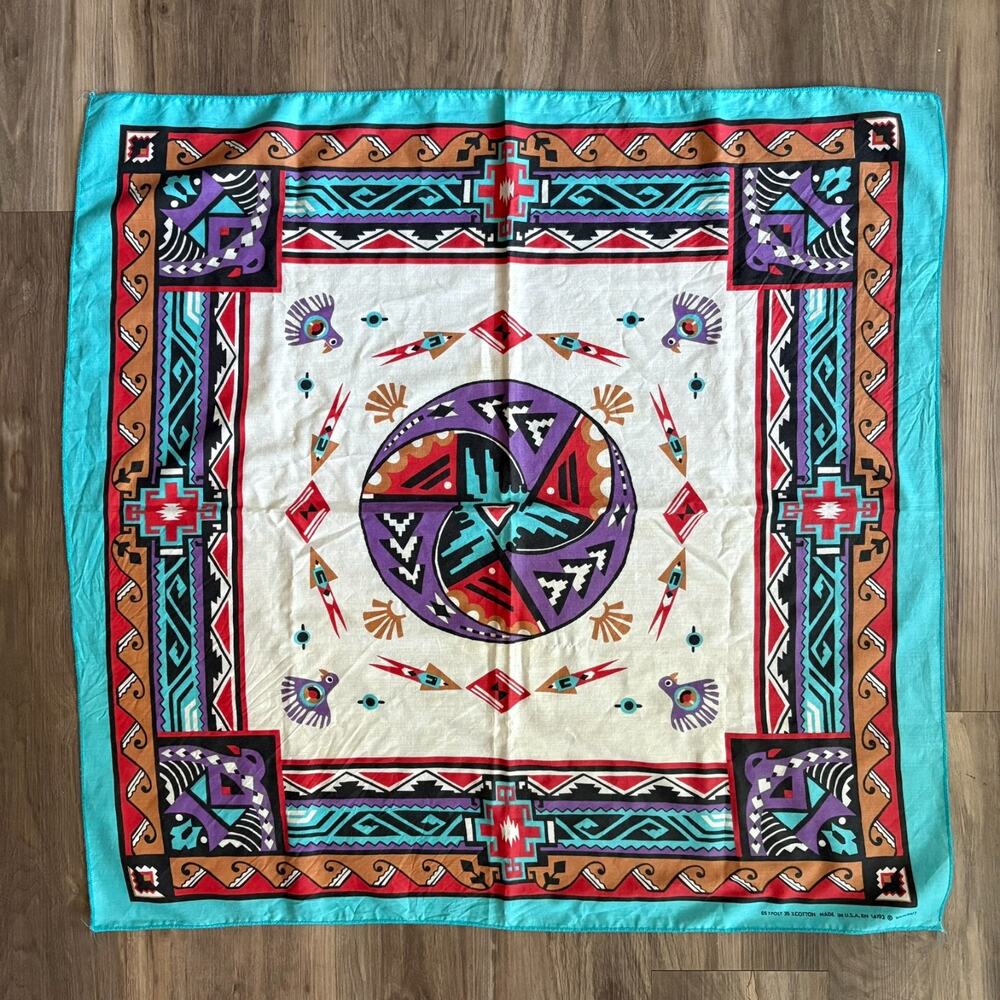 Vintage Fast Color Jumbo Handkerchief Bandana 28x28” USA South Western Aztec